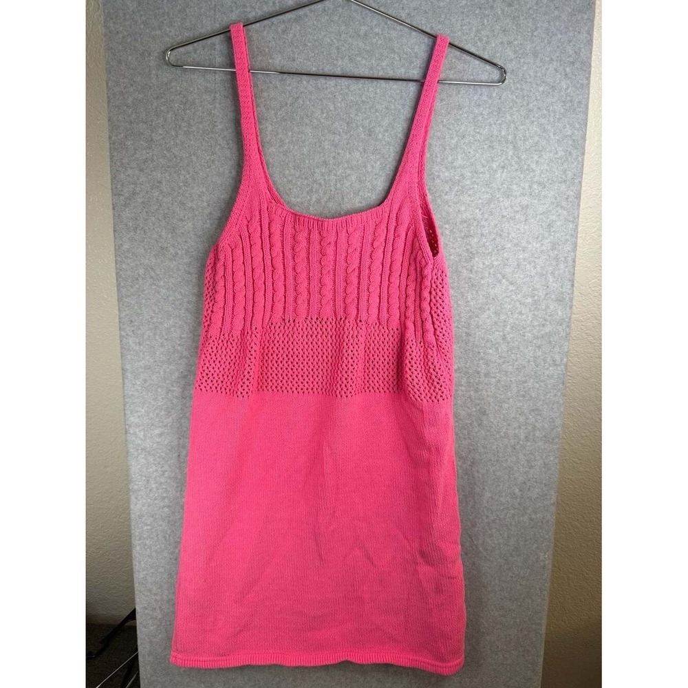 Zara Pink Crochet Knit Mini Square Neck Dress Size L
